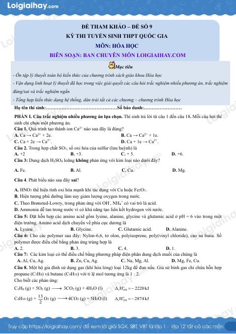 Đề tham khảo thi THPT môn Hóa - Đề số 9 (hay, chi tiết)